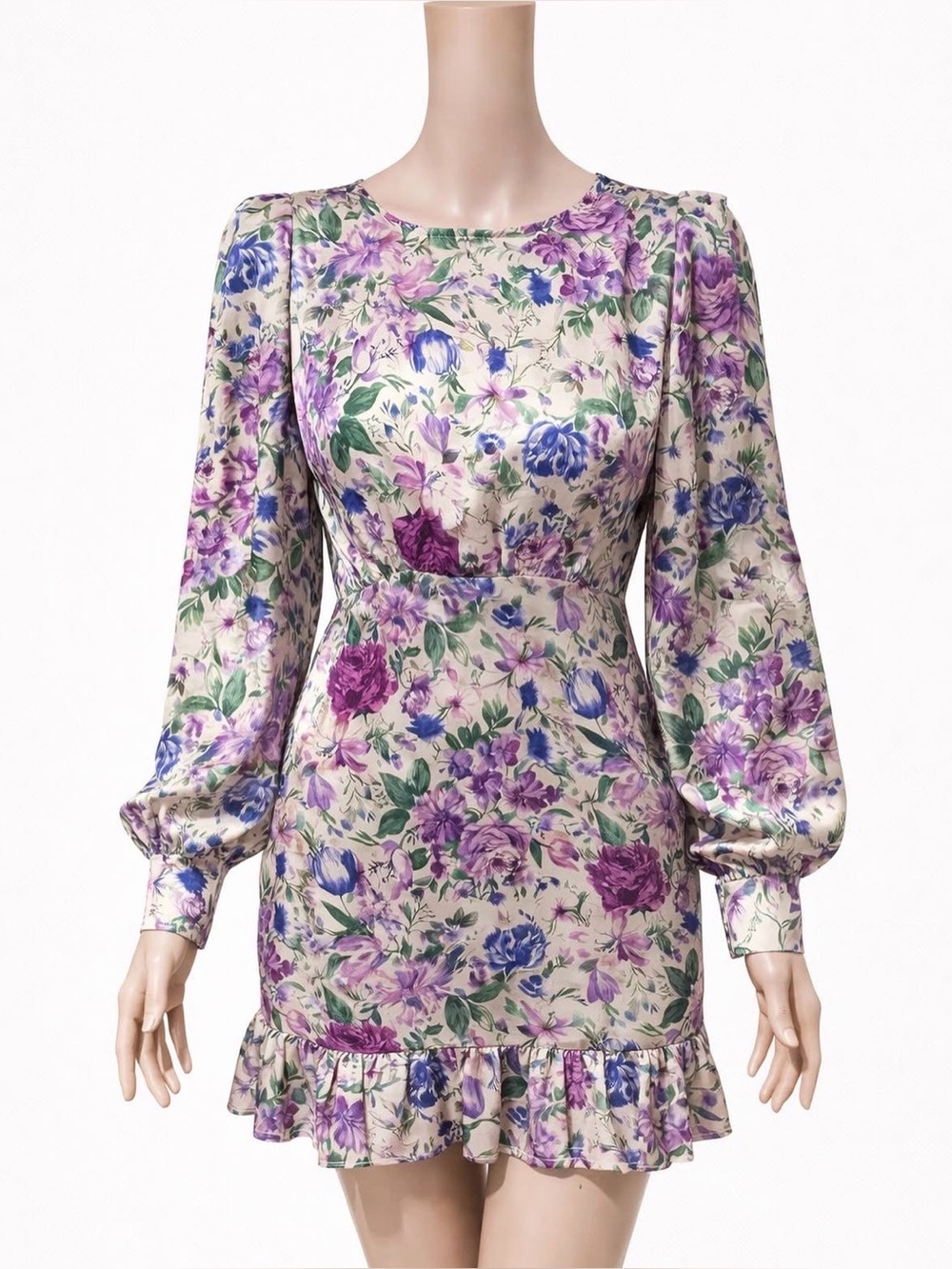 Zara Cream Floral Long-Sleeve Mini Dress with Purple and Blue Flowers